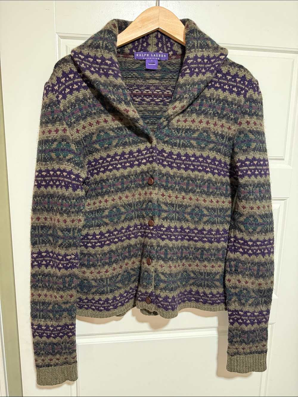 Ralph Lauren Purple Label cashmere Purple Olive Fair Isle Shawl-Collar Cardigan